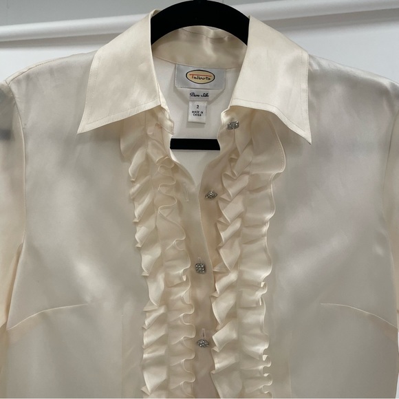 Talbots Silk Cream Ruffle Button Up with Embellished Buttons Size 2 - Picture 2 of 5